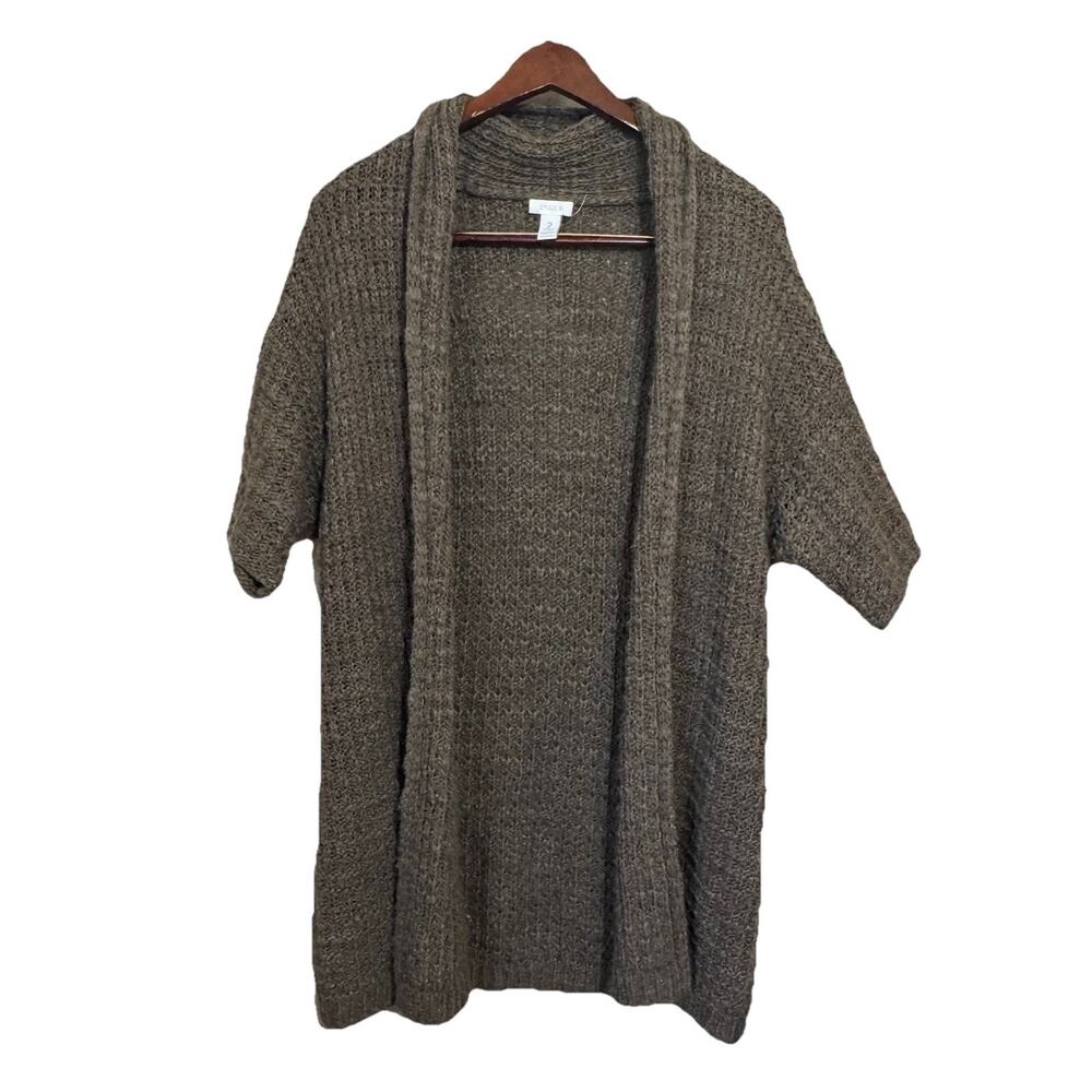 Chico’s Size Large 2 Brown Tunic 3/4 Sleeve Open Front Casual Sweater Wool Blend